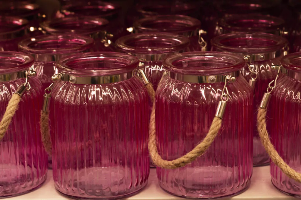 Pink glass jars with a handle