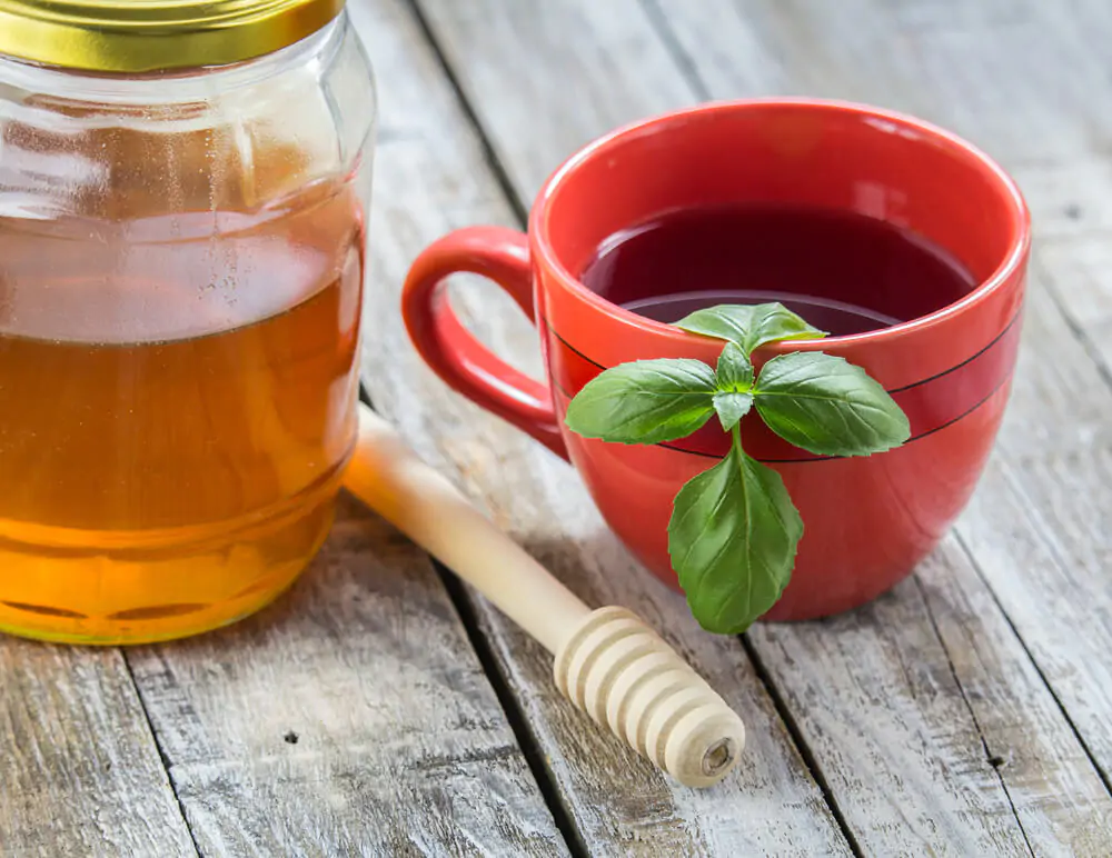 Red cup of tea, basil leaf and honey on white wood - What is Holy Basil tea