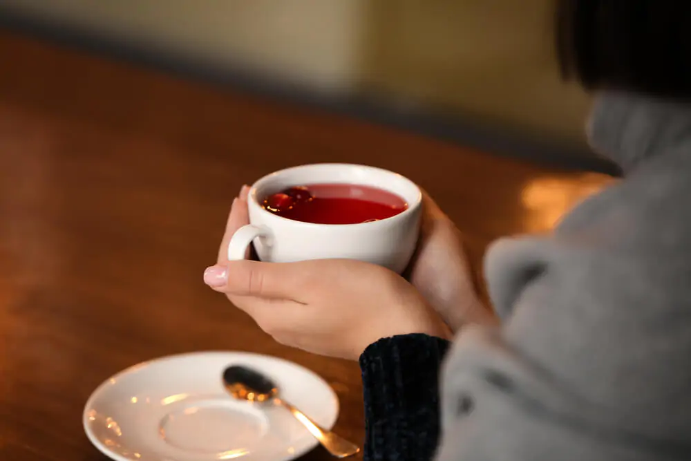 Young woman drinking Hibiscus tea at table in cafe