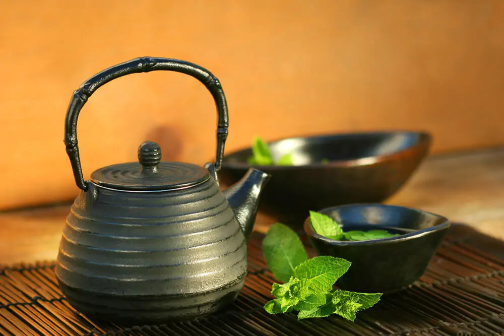 a teapot with herbal leaves in a ceramic