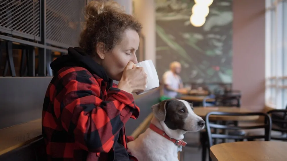 young woman drinking coffee while hugging her white adorable dog in a coffee place