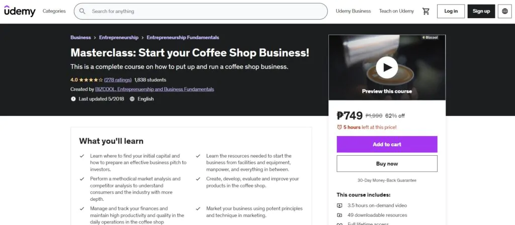 Udemy Masterclass: Start your coffee shop business
