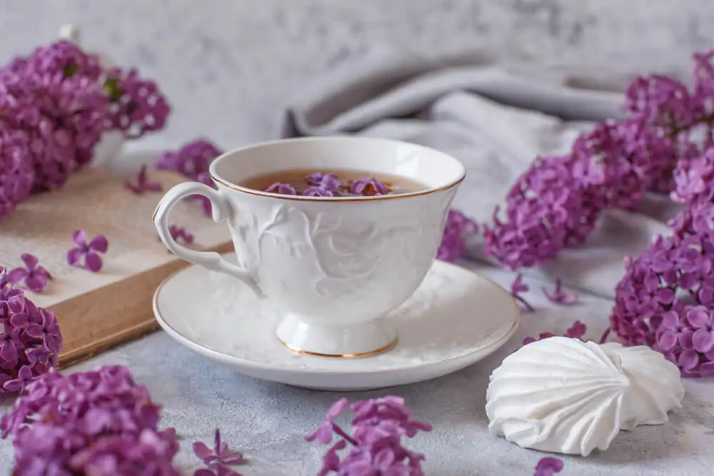 a cup of tea with lilac and surrounded with lilac leaves