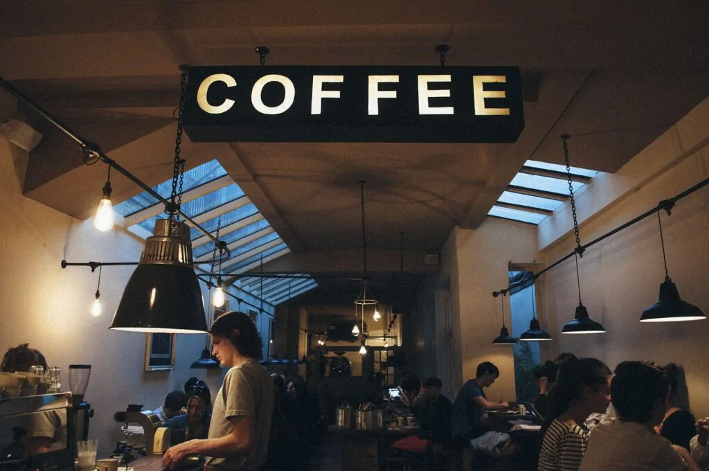a coffee shop with many customers