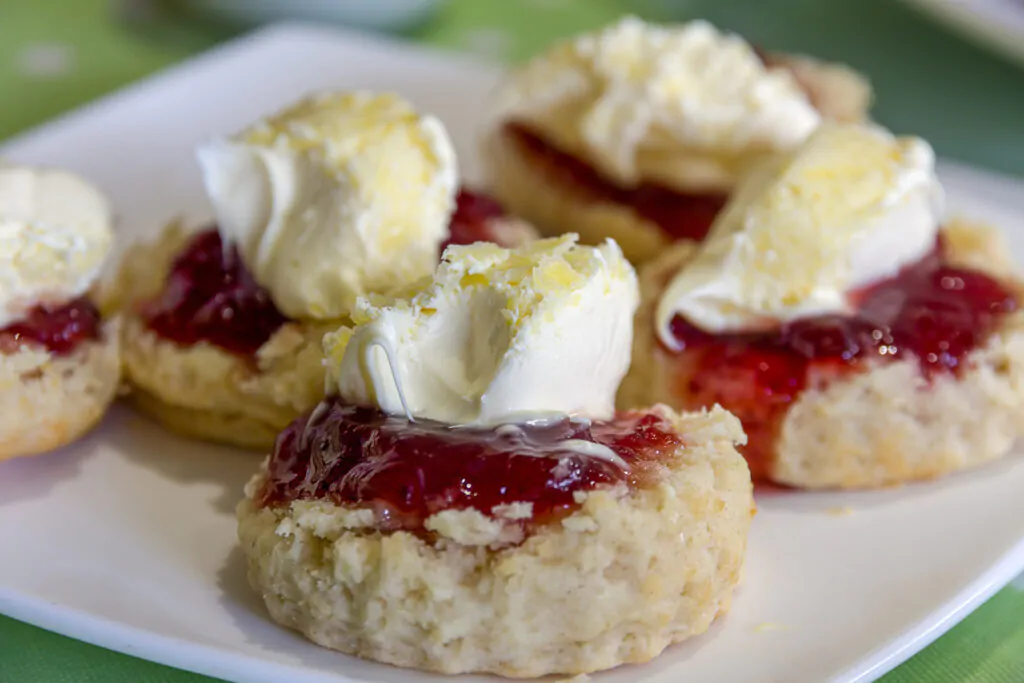 Traditionally cream tea scones in Cornwall are served on a Cornish split, a sweet bread roll, with jam then cream on top