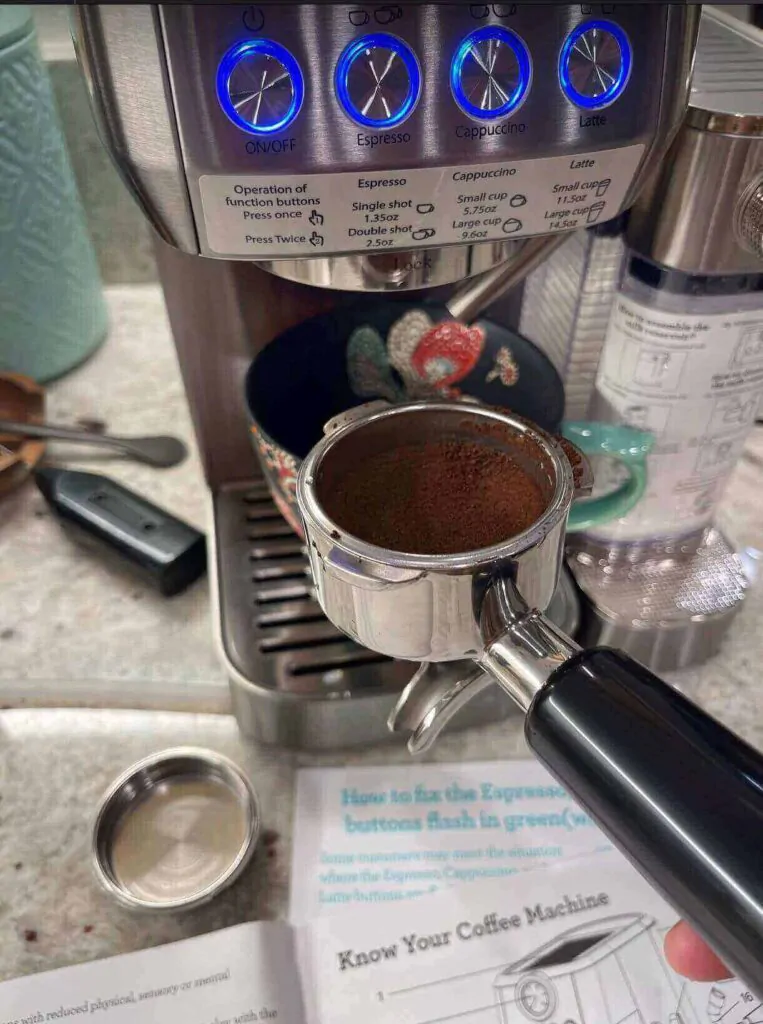 Ground coffee on an espresso machine