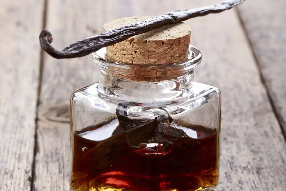 Bottle of homemade vanilla essence on wooden background
