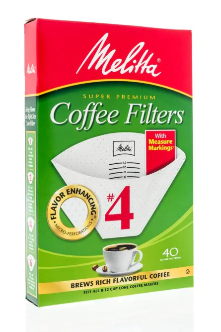 A package of Melitta super premium cone coffee filters with measure markings on an isolated background.