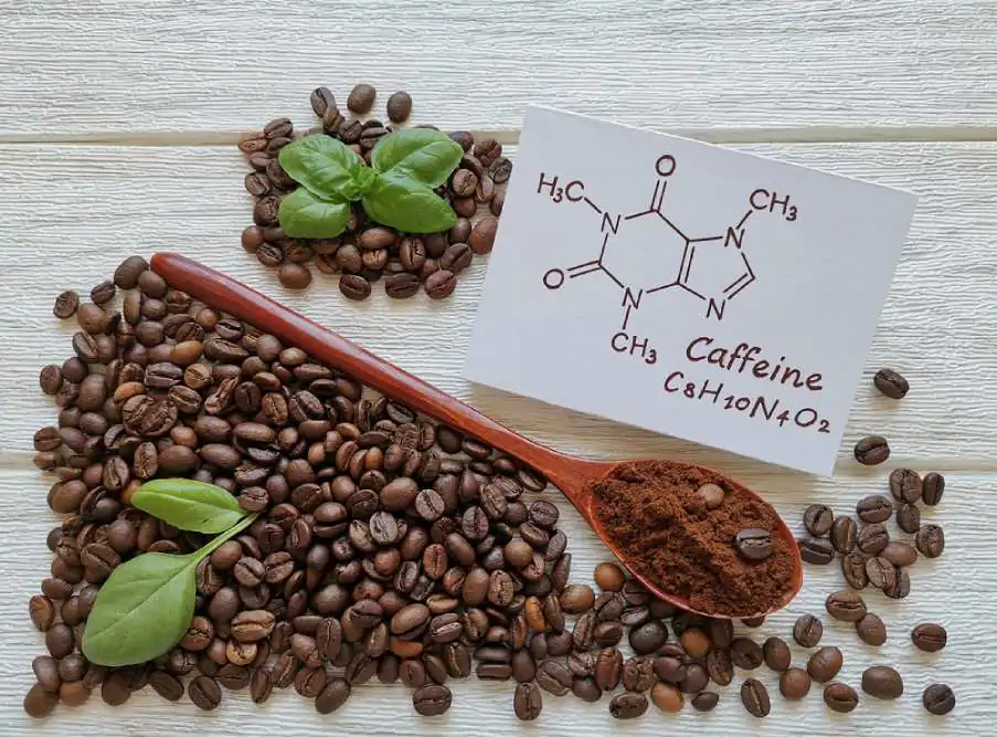 Structural chemical formula of caffeine molecule with roasted coffee beans and wooden spoon filled with coffee powder