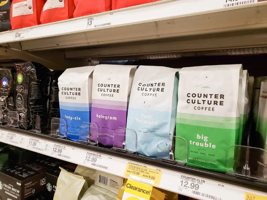 A view of several bags of Counter Culture coffee beans, on display at a local grocery store.