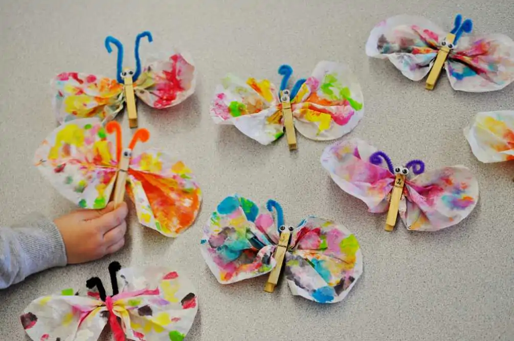 Colorful butterflies. Art projects made by small children.