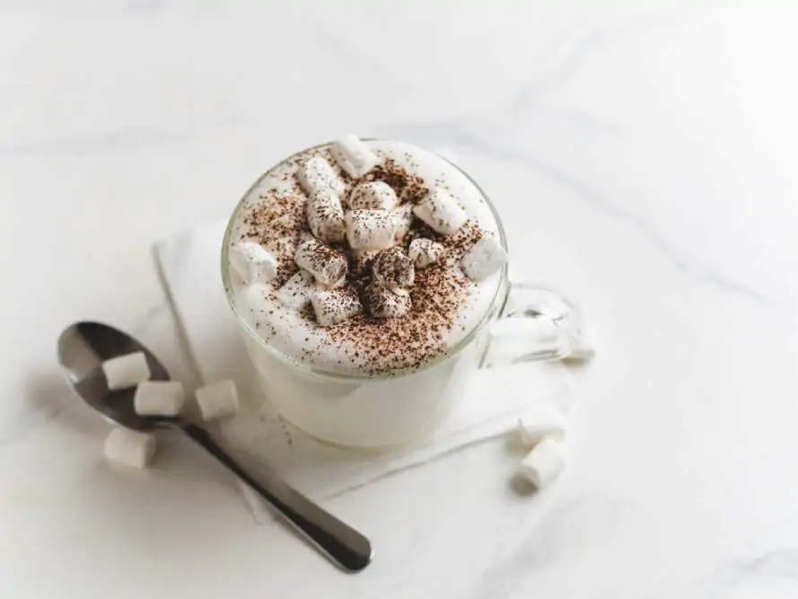 Babyccino - whipped milk or cream with cocoa or cinnamon powder and marshmallow. Idea and recipe for kids drink - warm whipped milk, without coffee. Babyccino in glass cup on marble table.