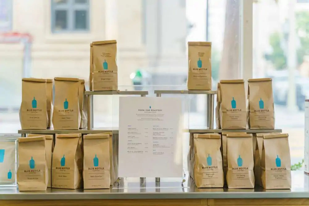 Bag of whole bean coffee of the famous Blue Bottle Coffee